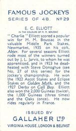 1936 Gallaher Famous Jockeys #29 Charlie Elliott Back
